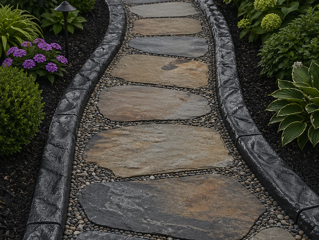 Decorative concrete stepping stones set in a landscaped garden path