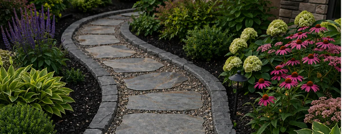 Custom decorative concrete stepping stone path through a landscaped garden in St. Louis, Missouri