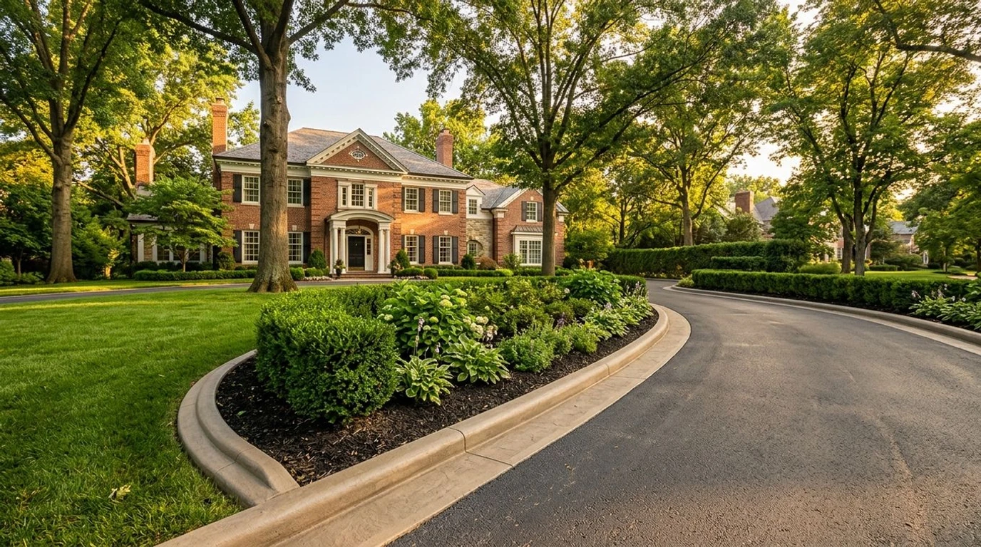 Custom decorative concrete curbing along a manicured estate driveway in Ladue, Missouri